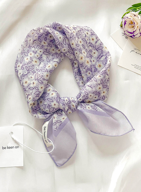 紫色法式包头小方巾三角丝巾女春秋夏季护颈饰围脖系脖纱巾薄围巾