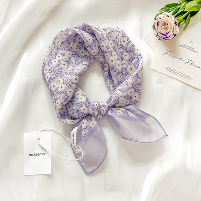 紫色法式包头小方巾三角丝巾女春秋夏季护颈饰围脖系脖纱巾薄围巾