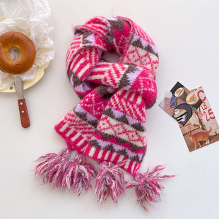 费尔岛针织毛线厚围巾女生可爱冬季粉色保暖护颈短小围脖生日礼物