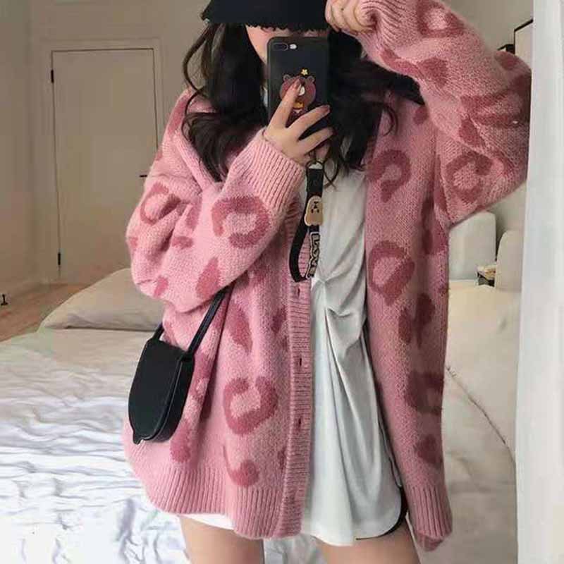 粉色V领豹纹毛衣女秋冬外穿韩版宽松显瘦慵懒风毛线针织开衫外套