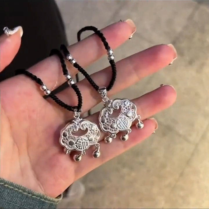 新中式平安锁项链女手工编织绳福字铃铛长命锁吊坠配饰送闺蜜女友