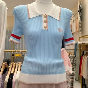 polo百搭批发撞色系甜美风修身 短袖 薄款 款 上衣女夏 女式 针织衫