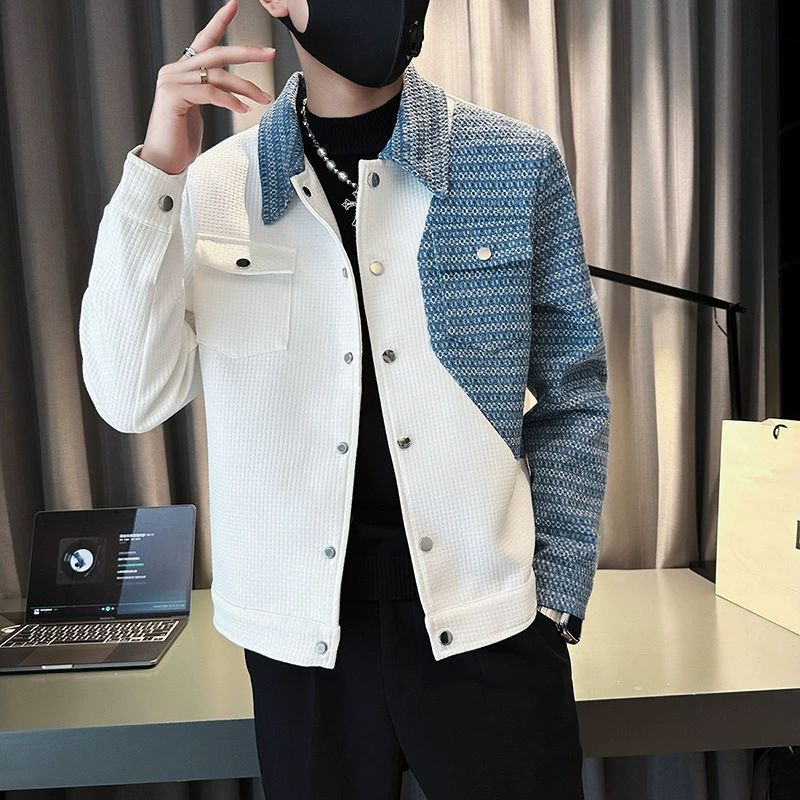 秋季男士时尚潮流小香风高级感翻领外套男轻熟风痞帅拼色宽松外套