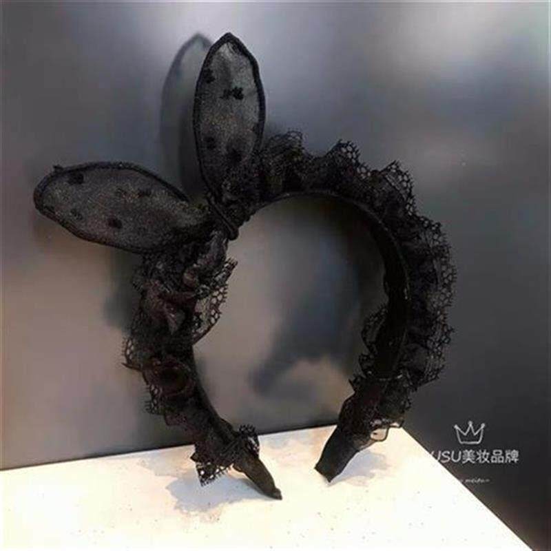 韩国蕾丝褶皱花边发箍发圈黑色压发兔耳朵气质头箍发卡蝴蝶结头绳