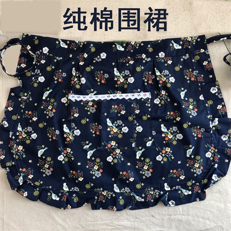 花边围裙 防水防油 女士蓝花围裙半身围裙女 半截短围裙 短款