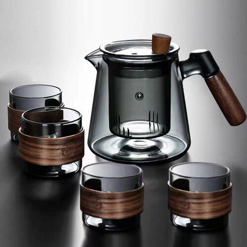 硼硅烟灰色泡茶壶隔热小杯子套装公室茶壶套装漏茶壶三件