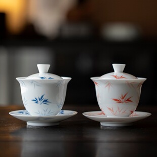 玉泥手绘竹叶三才盖碗陶瓷釉下彩薄胎家用泡茶碗茶杯白瓷功夫
