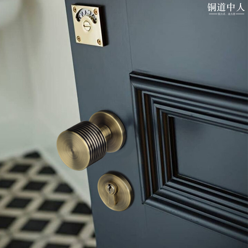 铜道中人全铜复古圆柱形门锁卧室内分体球形磁吸静音卫生间门把手