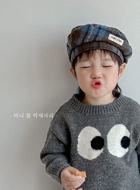 儿童英伦学院风贝雷帽秋冬季蓝色格子男女童毛呢画家帽宝宝蓓蕾帽