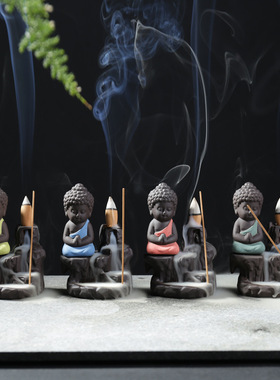 倒流香炉创意紫砂小和尚高山流水熏炉陶瓷工艺品香道家居办公摆件