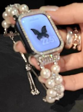 适用华为watchFit3表带小香风闪钻土星白珍珠金属链华为fit4珍珠表带45mm高级iWatchS10/9/8/7/6/5代se女表链