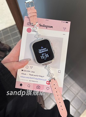 适用红米watch5表带ins闪钻老花四叶草拼皮质腕带小米8/9Pro高级女45/41mm镶钻华为fit3鳄纹皮小米Redmi4表带