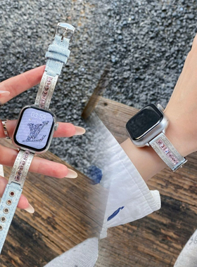 适用小米9Pro表带ins方钻老花四叶草手镯拼牛仔皮质腕带红米watch5/4镶钻41mm表带华为Fit4/3/2/1腕带华为D2