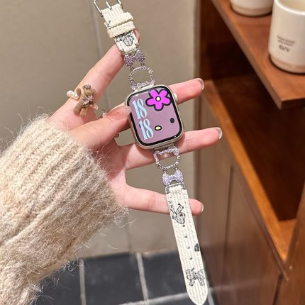 适用华为Fit4表带fit3秋冬闪钻kt猫灯芯绒真皮腕带9Pro表带苹果iWatchS11/10/9/8/7代se3女41mm红米6/5/4腕带