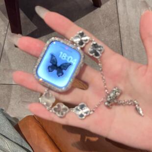 适用华为Fit3手表带闪钻四叶草金属伸缩链条华为fit2镶钻腕带苹果iWatchS10闪钻表带46mm女款fit3带钻保护壳