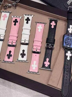 适用小米9Pro表带ins原创克罗心刺绣真皮质腕带华为Fit4/3/2/1表带苹果S11/10/9/8/7代se3女41mm红米6/5/4代