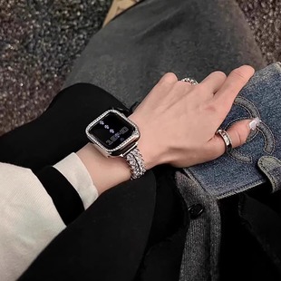 适用ApplewatchS10表带新款 4代se金属腕带45mm闪钻保护壳42 46mm表带 爆闪钻石表链苹果iwatchS10