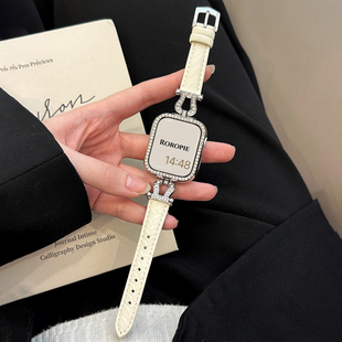 适用华为watchFit4表带小蛮腰镶钻马蹄扣表带fit3小米9Pro闪钻表链苹果iwatchS10/9/8/7/6代荔枝纹真皮腕带女