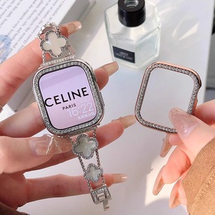 适用华为watchFit3手表带闪钻四叶草金属表链华为fit3带钻保护壳苹果iWatchS10 5代se镶钻46mm保护壳