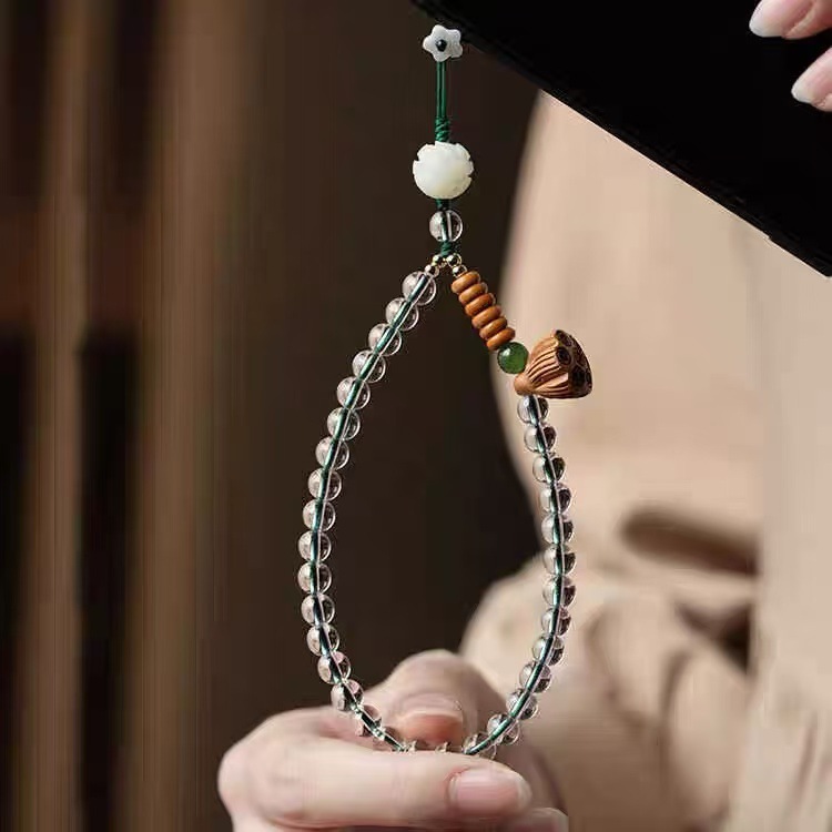 天然白水晶手机链短款挂件文艺中国风小莲蓬菩提莲花钥匙扣链高档