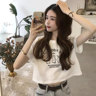 纯棉短袖t恤女2026夏季短装休闲短袖时尚高腰显瘦露脐宽松t恤上衣