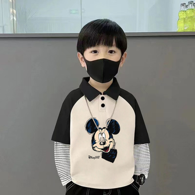 纯棉翻领拼接条纹长袖T恤男童polo衫春秋季儿童卡通帅气打底上衣