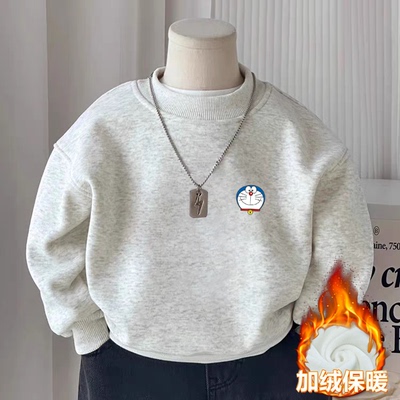 100%纯棉男童加绒加厚圆领卫衣2025秋冬新款儿童宝宝卡通印花上衣