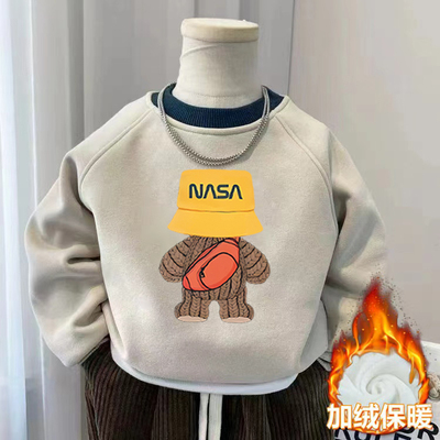 纯棉男童加绒加厚拼色卫衣2025秋冬新款儿童宝宝卡通洋气保暖上衣
