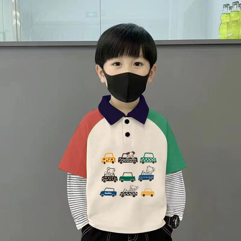 纯棉男童拼色polo翻领长袖t恤2025春秋小孩儿童宝宝帅气印花上衣