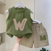 运动套装 100%纯棉男童装 儿童宝宝卡通短裤 背心T恤两件套夏季 无袖