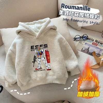 100%纯棉男童加绒加厚连帽卫衣秋冬新款小孩儿童宝宝卡通印花上衣