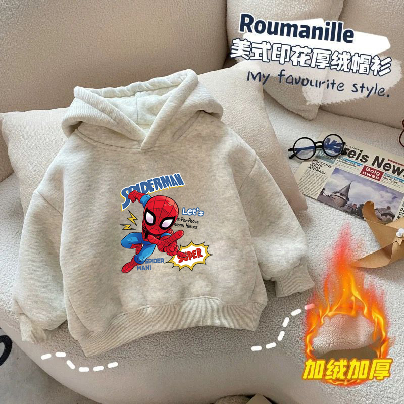 100%纯棉男童加绒加厚连帽卫衣2025秋冬新款儿童宝宝卡通动漫上衣