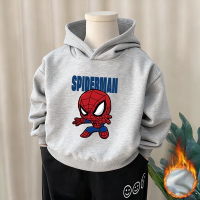 100%纯棉男童加绒加厚连帽卫衣秋冬新款中小儿童宝宝卡通动漫上衣