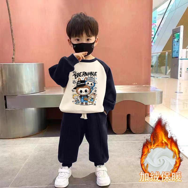 100%纯棉男童加绒卫衣两件套2025秋冬季中小儿童宝宝休闲运动套装