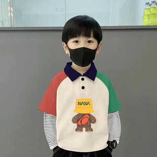 百搭印花上衣 儿童宝宝时尚 纯棉男童插肩polo翻领长袖 T恤春秋新款