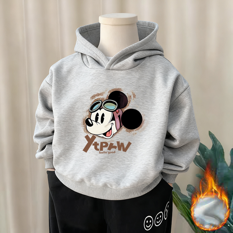 100%纯棉男童加绒加厚连帽卫衣秋冬新款中小儿童宝宝帅气印花上衣