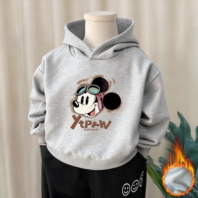 100%纯棉男童加绒加厚连帽卫衣秋冬新款中小儿童宝宝帅气印花上衣