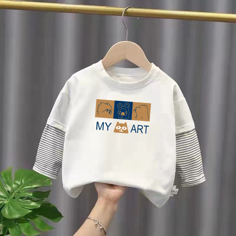 纯棉男童拼接条纹长袖T恤2025春秋季儿童宝宝卡通帅气假两件上衣