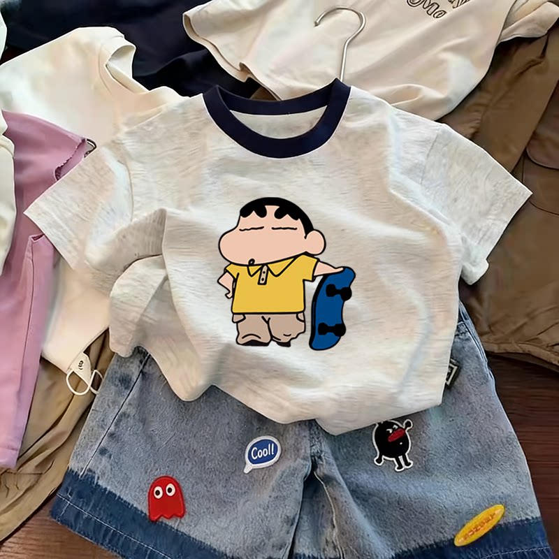 纯棉男童拼色圆领短袖T恤2026夏季新款中小儿童宝宝洋气韩版上衣