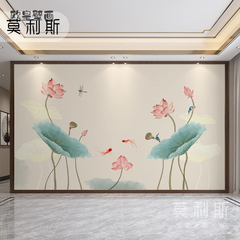 新中式工笔荷花墙纸客厅电视背景墙壁纸素雅卧室沙发壁画艺术墙布