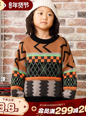 BREEZEsquare北欧风复古多彩花纹加厚红毛衣儿童针织衫R413013