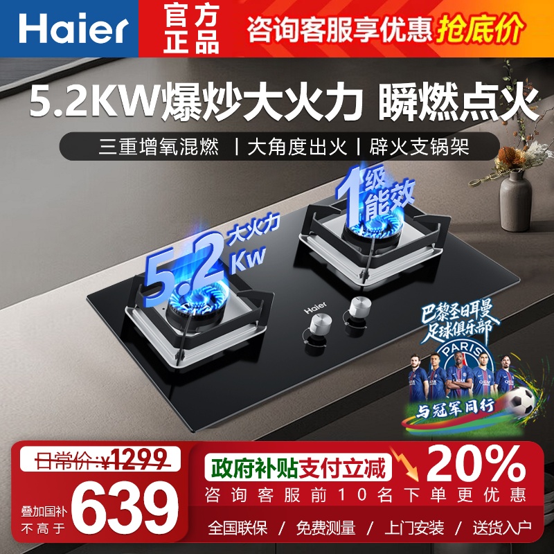 海尔燃气灶Q2BE53双灶家用炉灶天然气液化气灶具家用台嵌两用猛火