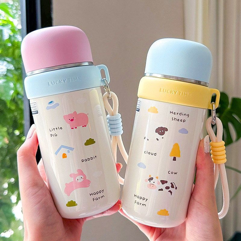 一盖两用卡通保温杯女生可爱提绳水杯便携学生不锈钢高颜值杯子