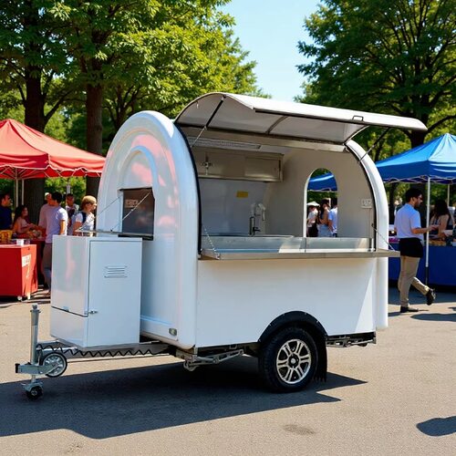 白色弧形外观移动餐车 单轮设计 带储物柜 商用摆摊小吃车