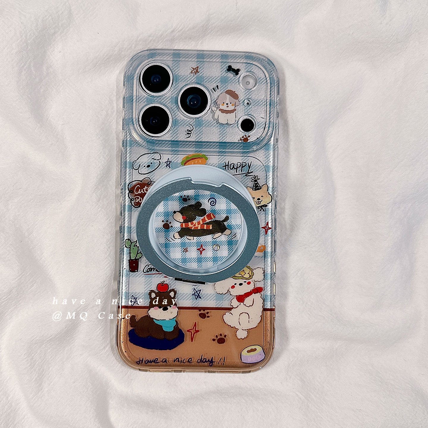 ins格纹可爱小狗适用苹果17手机壳iPhone17Promax新款16高级感15Pro保护套硅胶防摔全包带旋转磁吸支架男女软