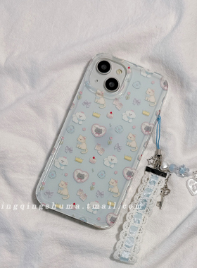 ins风可爱侧边图案卡通适用苹果15Promax手机壳iPhone14新款16Pro软13保护套12硅胶17防摔11全包女带挂件蓝色