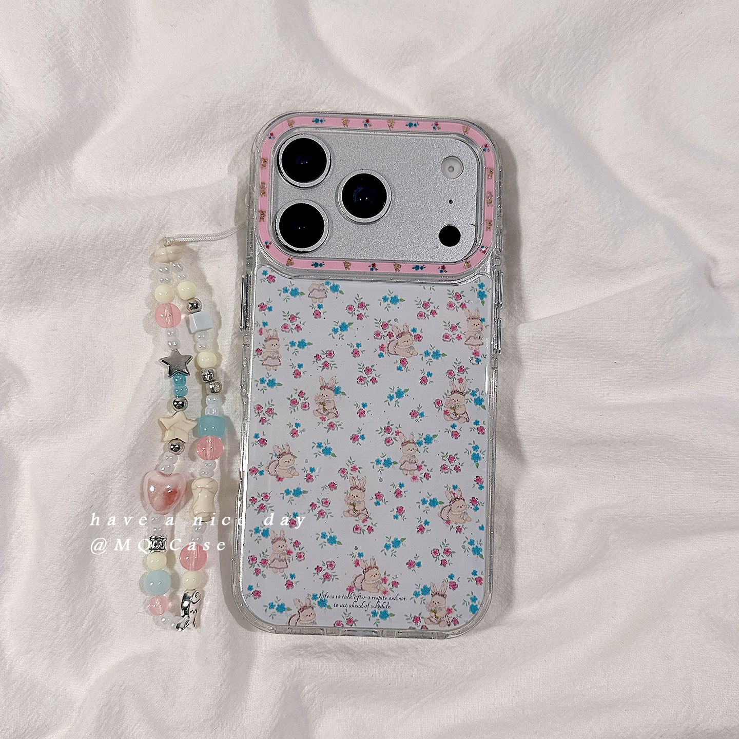 ins春天碎花小兔子适用苹果17手机壳iPhone17Promax新款16高级感15保护套13硅胶14防摔全包带链条挂绳女款软