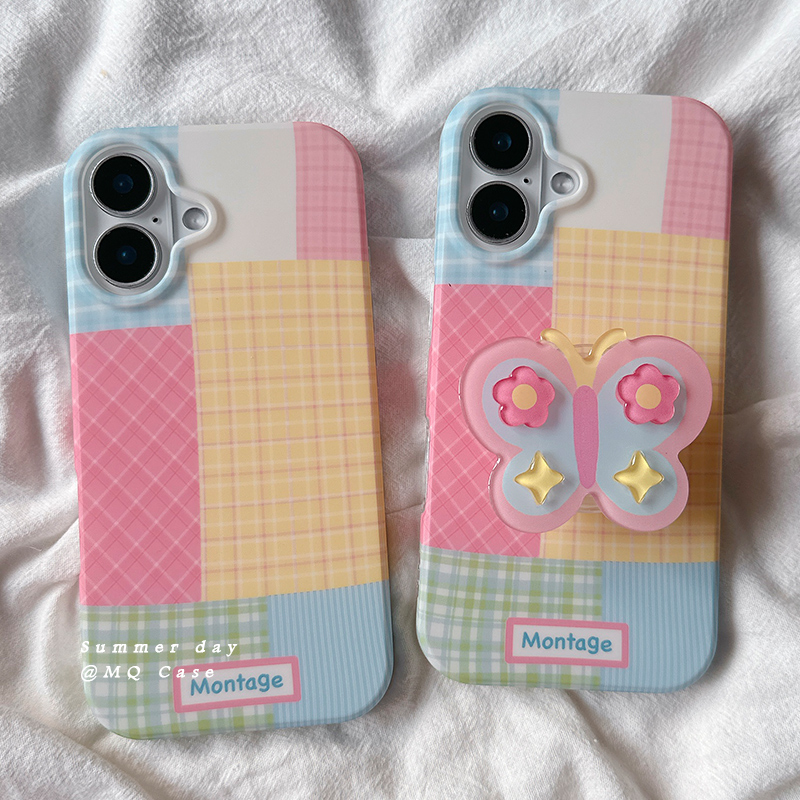 ins小清新格纹适用苹果16Promax手机壳iPhone15新款13高级感iPhone16保护套14防摔硅胶12全包女软带蝴蝶支架p