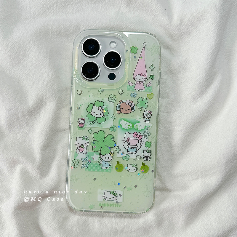 ins可爱好看四叶草KT猫适用苹果16Promax手机壳iPhone15新款13高级感14保护套防摔硅胶16Pro全包双层女款软外