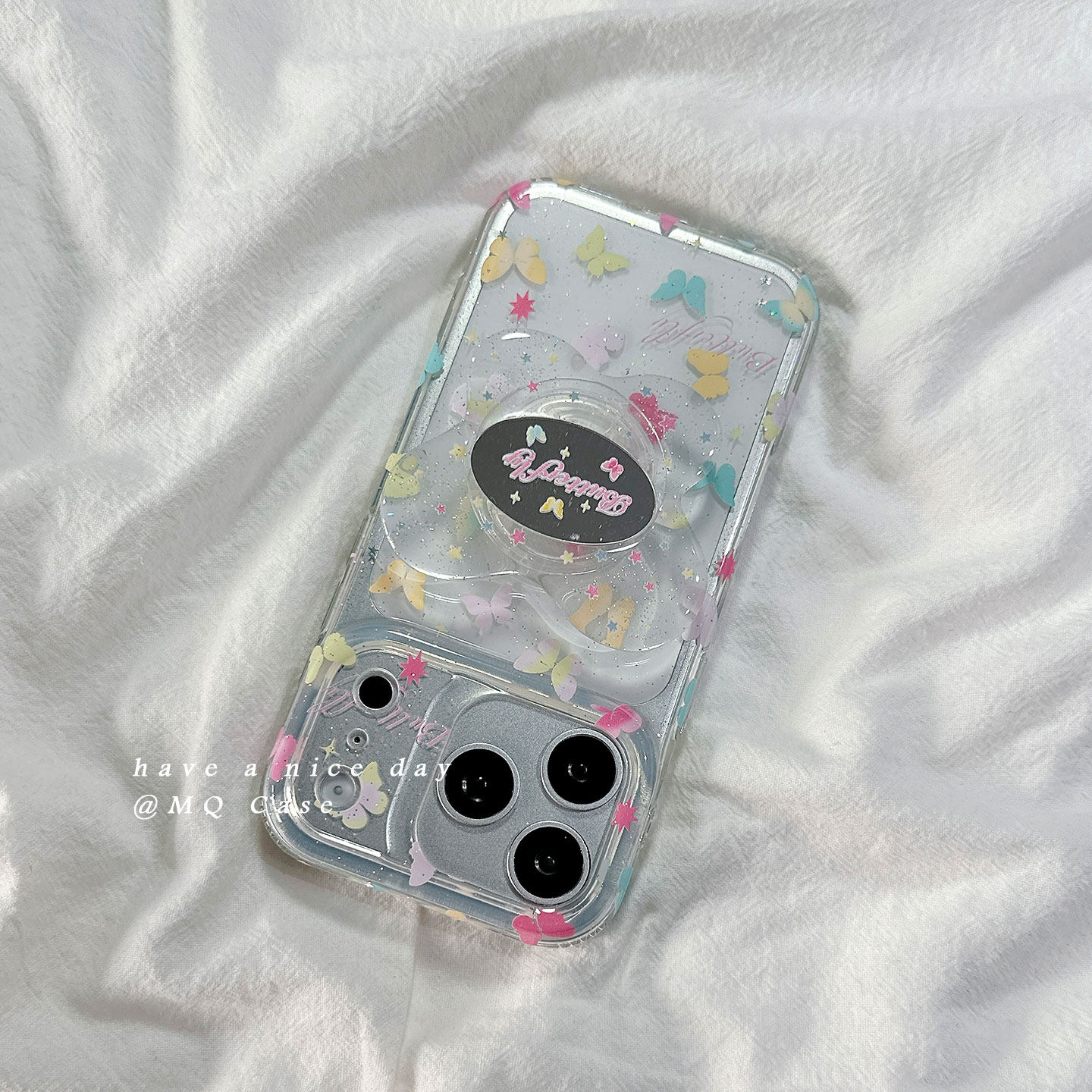 ins简约透明闪粉彩色蝴蝶适用苹果17手机壳iPhone17Promax新款16高级感15保护套13硅胶14防摔全包带支架软女p